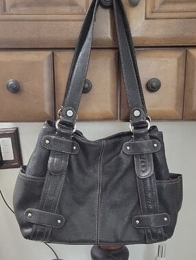 Tignanello Black Leather Shoulder Bag with Silver Hardware